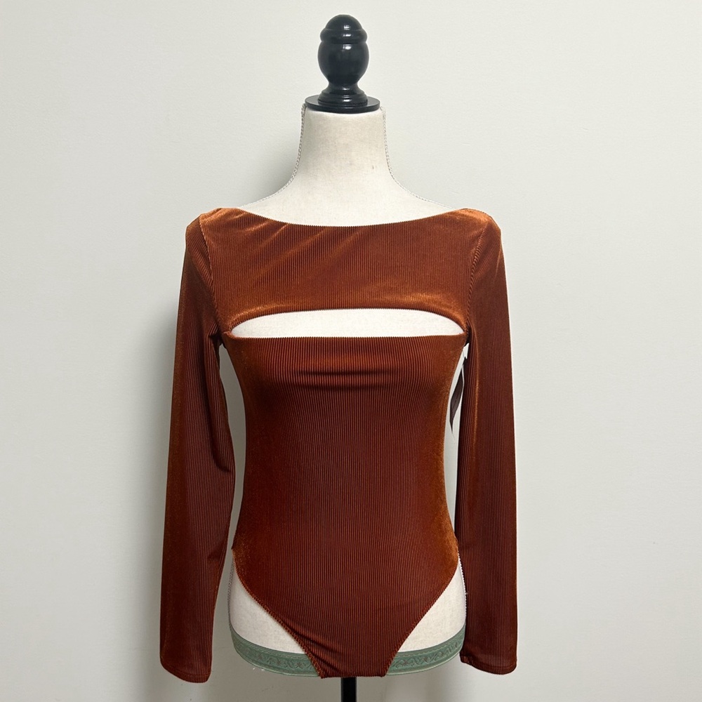 Out From Under Velvet Ribbed Rust Cutout Long-Sleeve Women's Bodysuit
